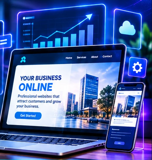 A laptop and phone showing a business website, with growth charts behind them